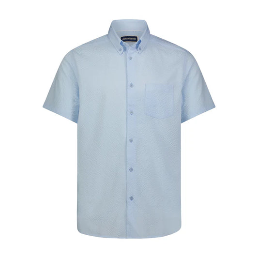 American Heritage Sky Blue Seer Sucker Stretch Button Down Short Sleeve Shirt