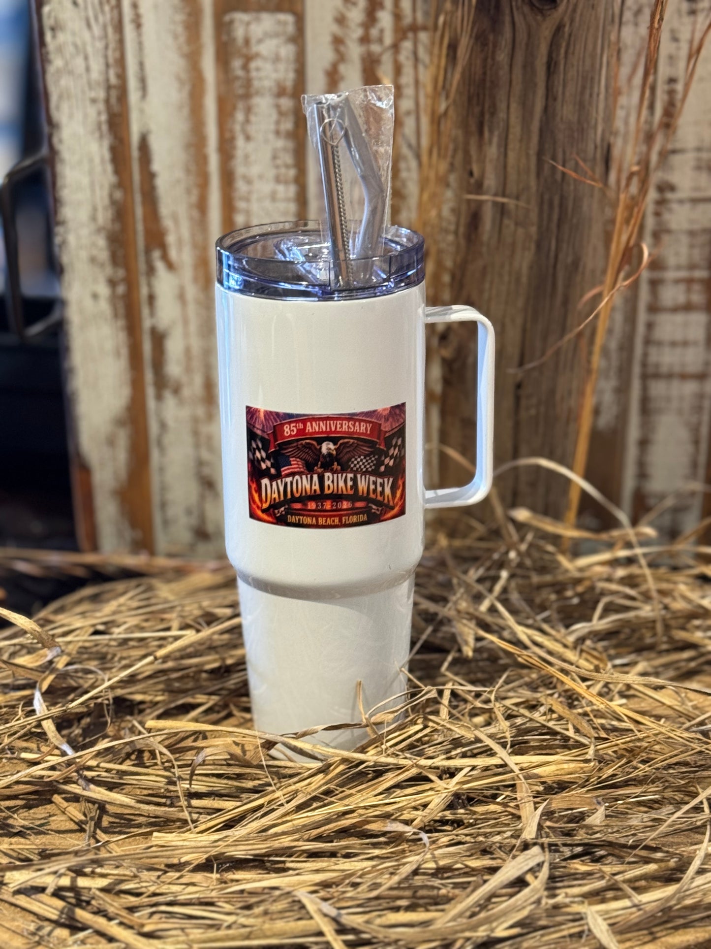 White 30oz Travel Tumbler with Handle - Daytona Bike Week